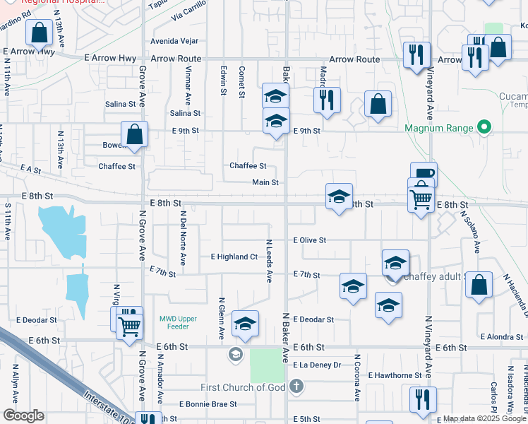 map of restaurants, bars, coffee shops, grocery stores, and more near 1550 East 8th Street in Ontario