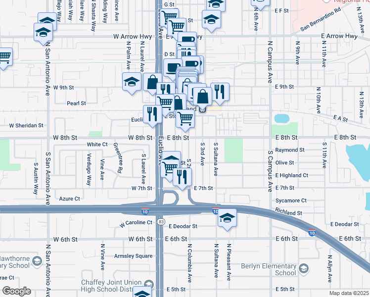 map of restaurants, bars, coffee shops, grocery stores, and more near 222 South 1st Avenue in Upland