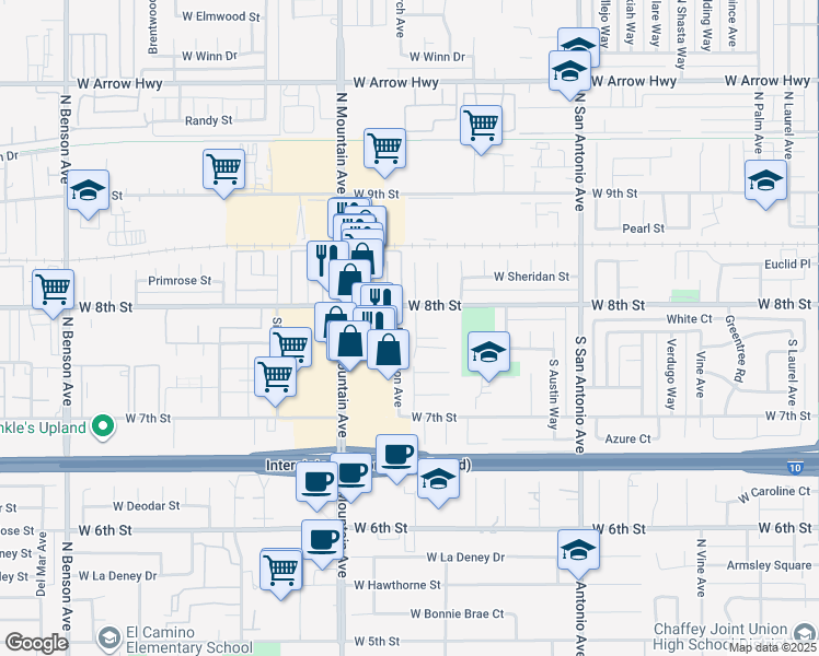 map of restaurants, bars, coffee shops, grocery stores, and more near 211 Grayson Way in Upland
