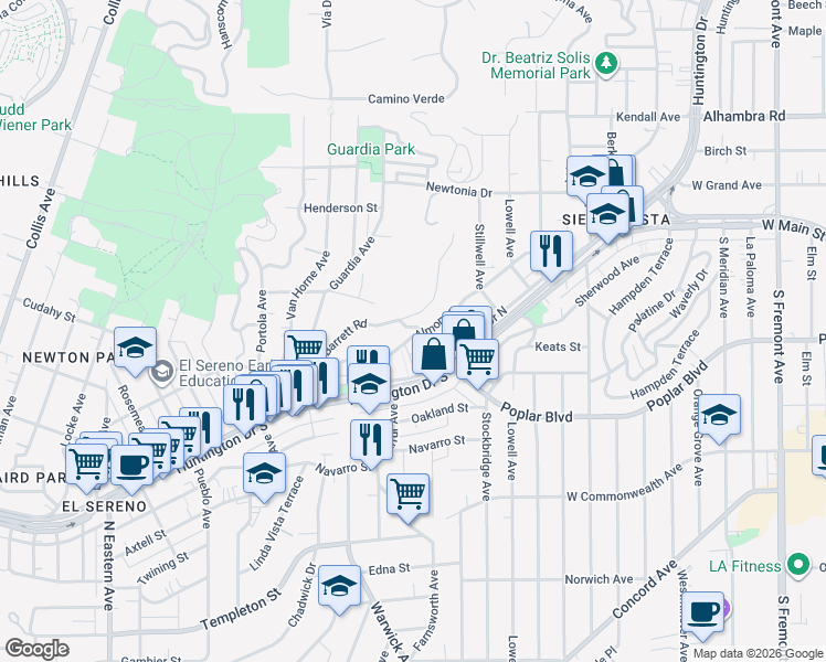 map of restaurants, bars, coffee shops, grocery stores, and more near 4052 Barrett Road in Los Angeles