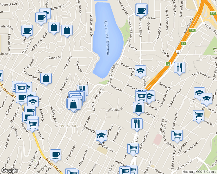 map of restaurants, bars, coffee shops, grocery stores, and more near 1896 Silver Lake Boulevard in Los Angeles