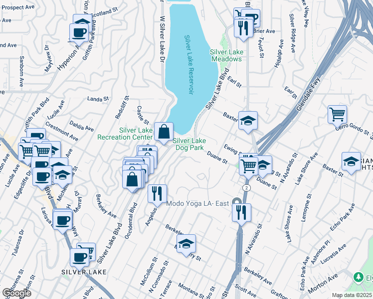 map of restaurants, bars, coffee shops, grocery stores, and more near 1896 Silver Lake Boulevard in Los Angeles