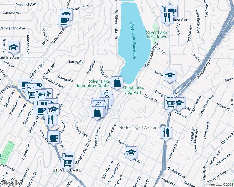 map of restaurants, bars, coffee shops, grocery stores, and more near 1850 West Silver Lake Drive in Los Angeles