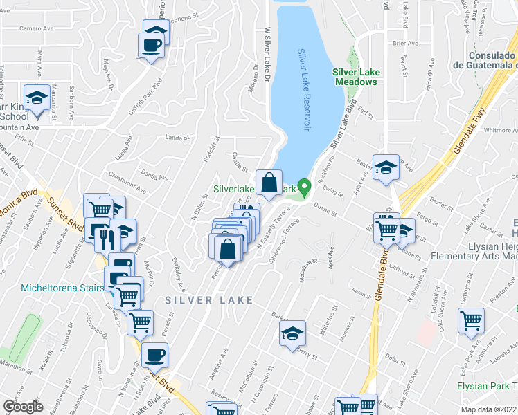map of restaurants, bars, coffee shops, grocery stores, and more near 1842 Westerly Terrace in Los Angeles