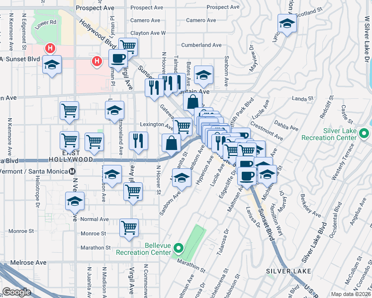 map of restaurants, bars, coffee shops, grocery stores, and more near 4121 Santa Monica Boulevard in Los Angeles