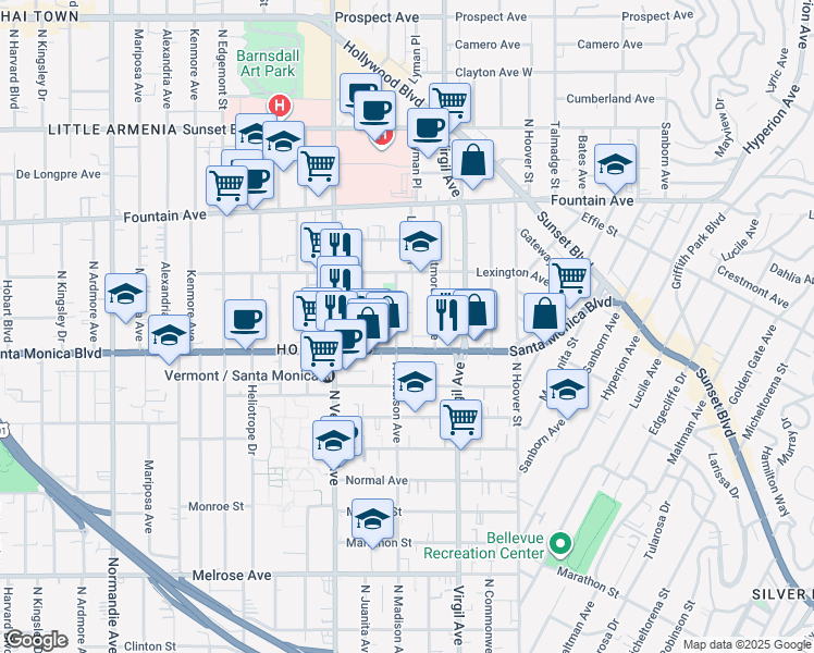 map of restaurants, bars, coffee shops, grocery stores, and more near 1137 North Westmoreland Avenue in Los Angeles