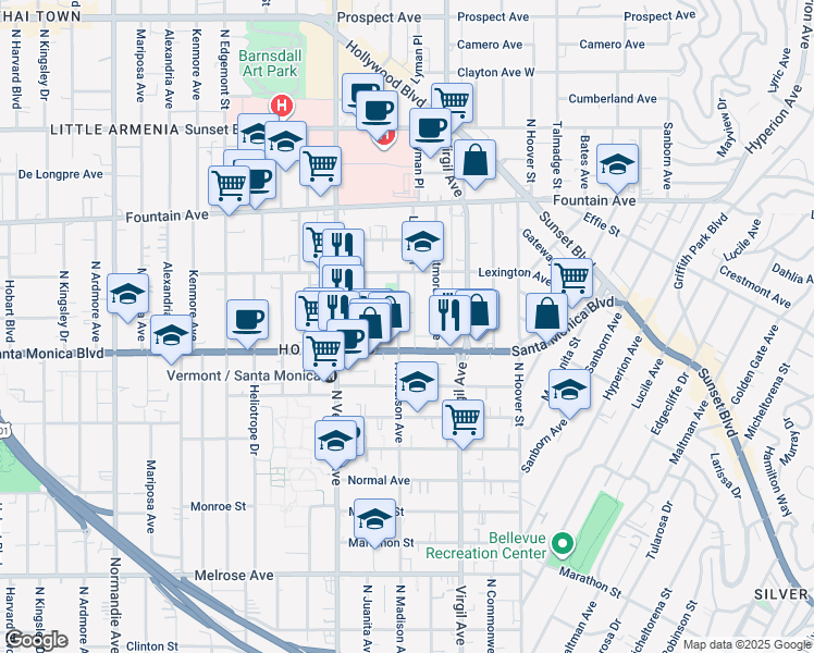 map of restaurants, bars, coffee shops, grocery stores, and more near 1137 North Westmoreland Avenue in Los Angeles
