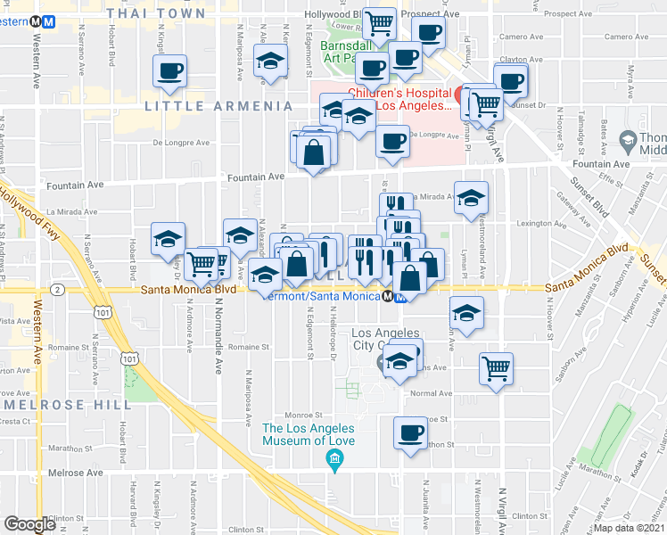 map of restaurants, bars, coffee shops, grocery stores, and more near 1138 North Heliotrope Drive in Los Angeles