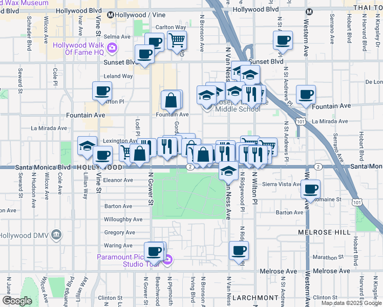 map of restaurants, bars, coffee shops, grocery stores, and more near 1143 North Bronson Avenue in Los Angeles