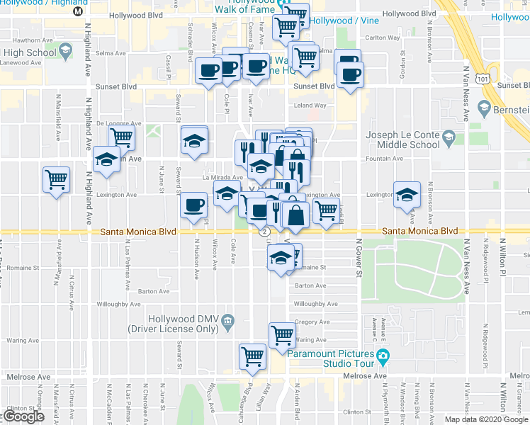 map of restaurants, bars, coffee shops, grocery stores, and more near 1138 Lillian Way in Los Angeles