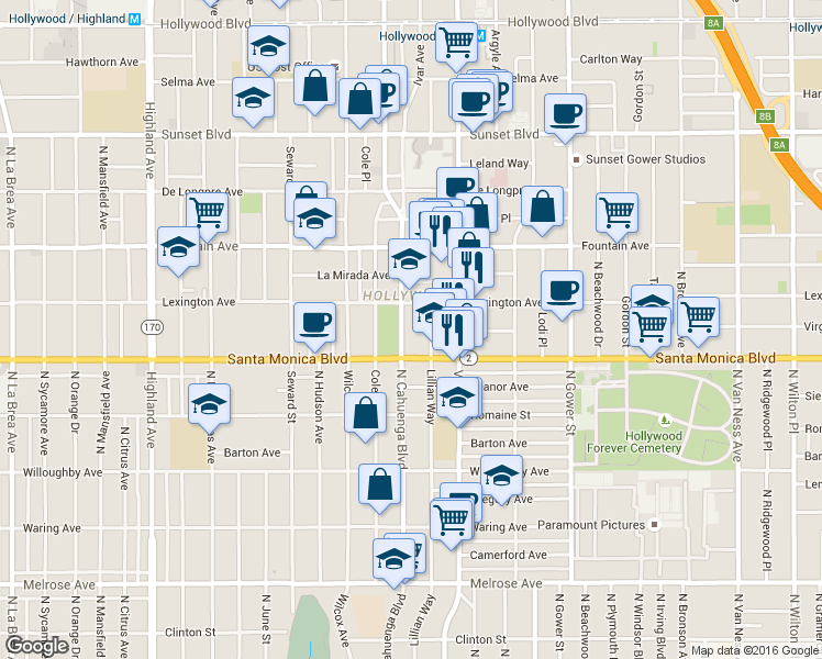 map of restaurants, bars, coffee shops, grocery stores, and more near 1144 North Cahuenga Boulevard in Los Angeles