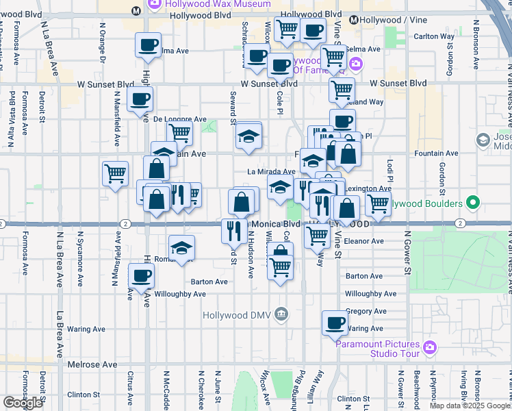 map of restaurants, bars, coffee shops, grocery stores, and more near 1143 Wilcox Place in Los Angeles