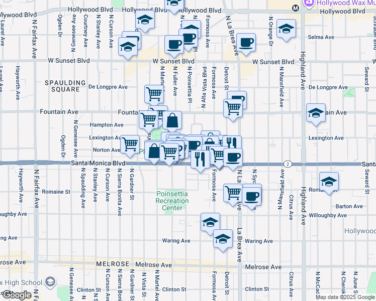 map of restaurants, bars, coffee shops, grocery stores, and more near 1139 Poinsettia Drive in West Hollywood