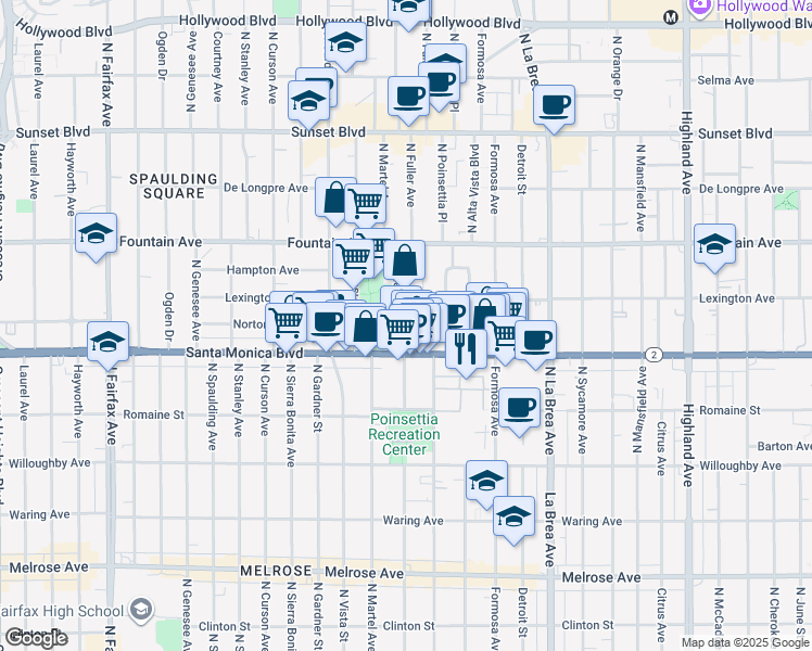 map of restaurants, bars, coffee shops, grocery stores, and more near 1142 North Fuller Avenue in West Hollywood