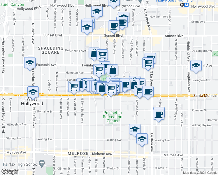 map of restaurants, bars, coffee shops, grocery stores, and more near 1142 North Fuller Avenue in West Hollywood