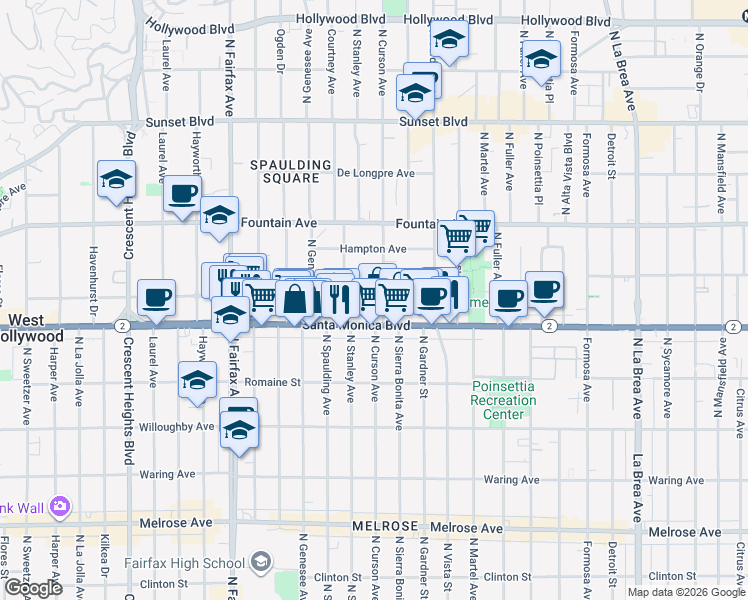 map of restaurants, bars, coffee shops, grocery stores, and more near 7627 Norton Avenue in West Hollywood