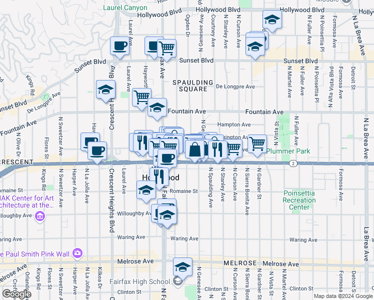 map of restaurants, bars, coffee shops, grocery stores, and more near 1136 North Ogden Drive in West Hollywood