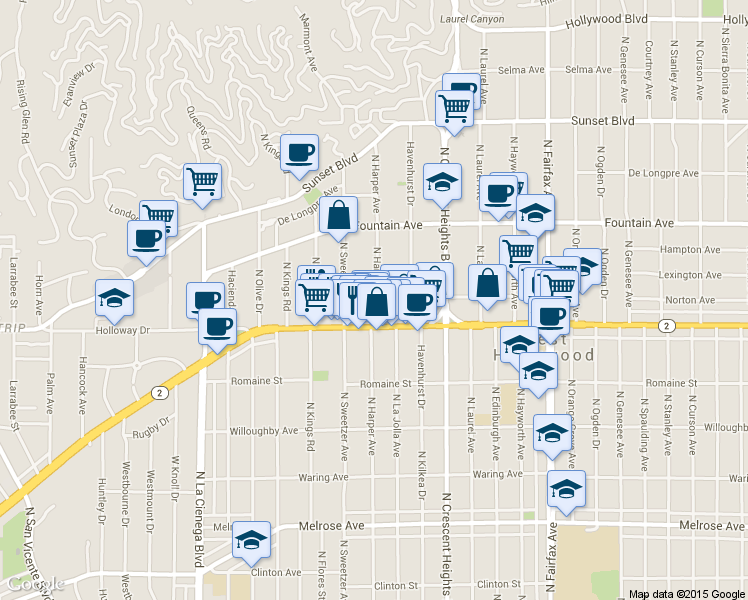 map of restaurants, bars, coffee shops, grocery stores, and more near 8261 Norton Avenue in West Hollywood
