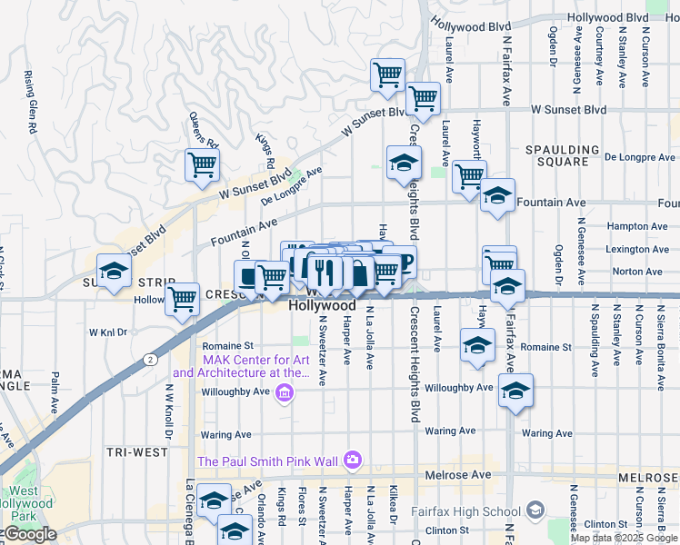 map of restaurants, bars, coffee shops, grocery stores, and more near 8261 Norton Avenue in West Hollywood