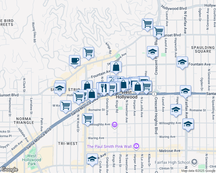 map of restaurants, bars, coffee shops, grocery stores, and more near 1210 North Kings Road in West Hollywood