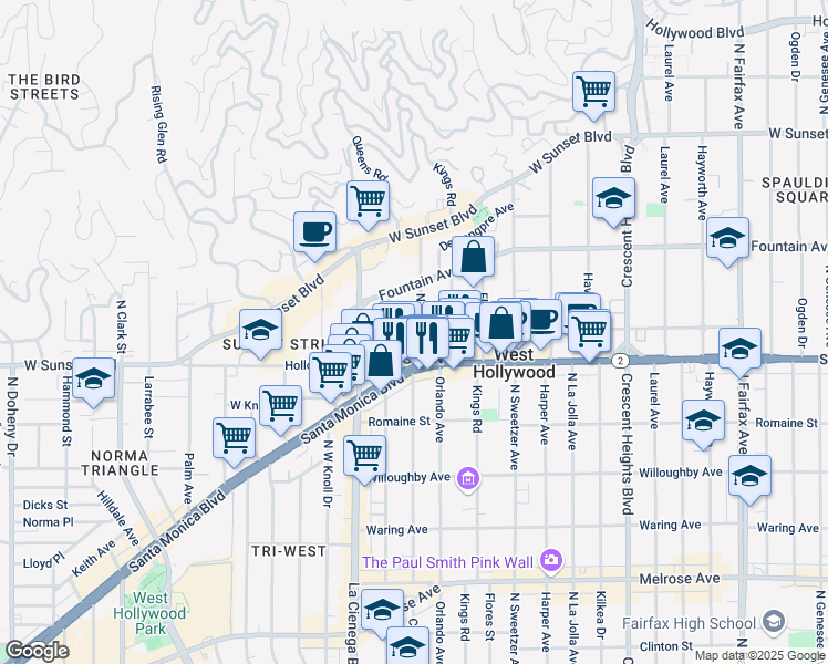 map of restaurants, bars, coffee shops, grocery stores, and more near 1206 North Olive Drive in West Hollywood