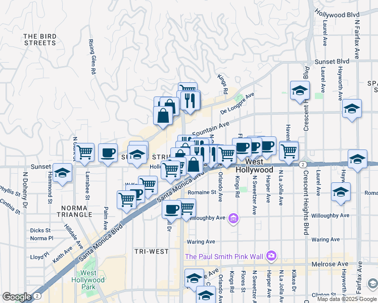 map of restaurants, bars, coffee shops, grocery stores, and more near 1147 Hacienda Place in West Hollywood