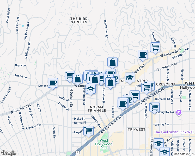 map of restaurants, bars, coffee shops, grocery stores, and more near 1147 North Clark Street in West Hollywood