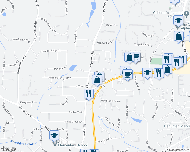 map of restaurants, bars, coffee shops, grocery stores, and more near 6102 Windrush Lane in Alpharetta