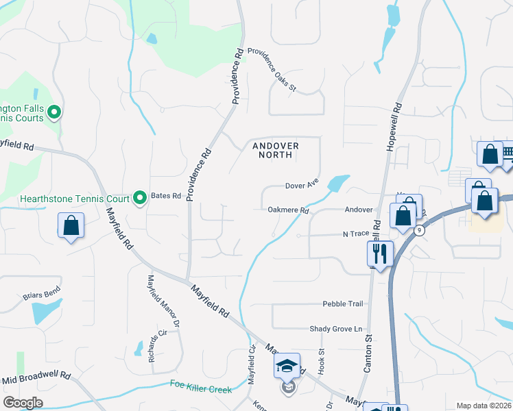 map of restaurants, bars, coffee shops, grocery stores, and more near 275 Oakmere Road in Alpharetta