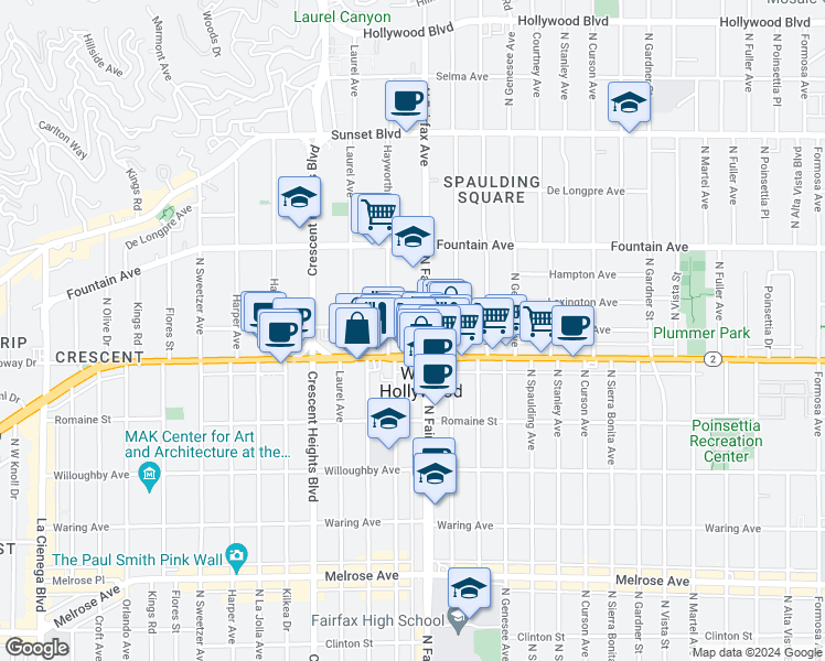 map of restaurants, bars, coffee shops, grocery stores, and more near 7914 Norton Avenue in West Hollywood