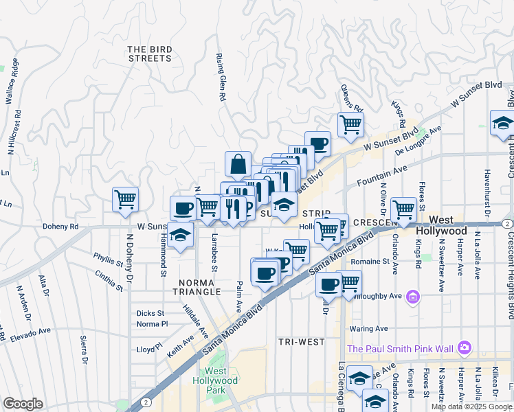 map of restaurants, bars, coffee shops, grocery stores, and more near 8749 Sunset Boulevard in West Hollywood