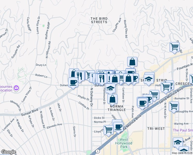 map of restaurants, bars, coffee shops, grocery stores, and more near 9035 Shoreham Drive in Los Angeles