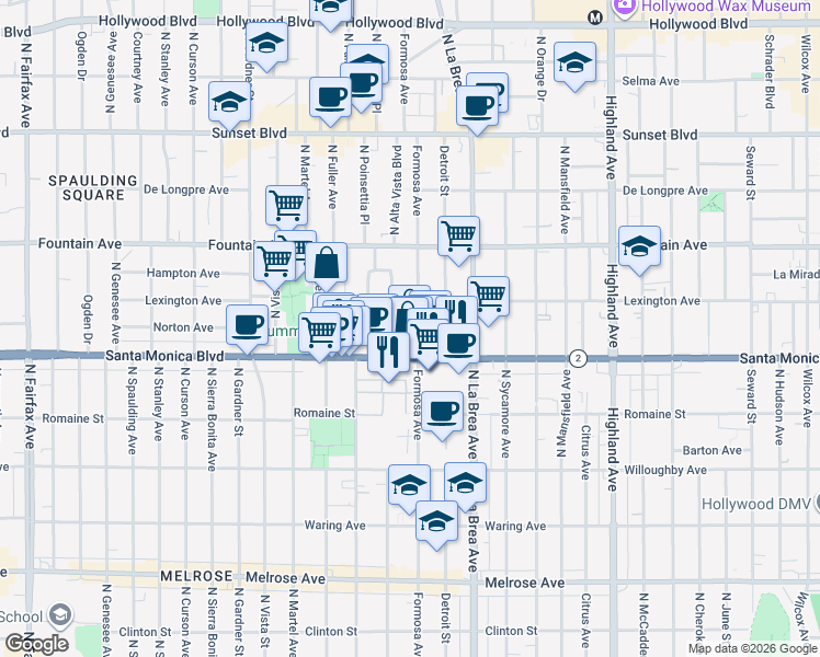 map of restaurants, bars, coffee shops, grocery stores, and more near 1131 North Formosa Avenue in West Hollywood