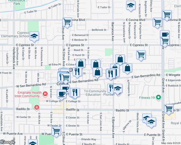 map of restaurants, bars, coffee shops, grocery stores, and more near 319 East Front Street in Covina
