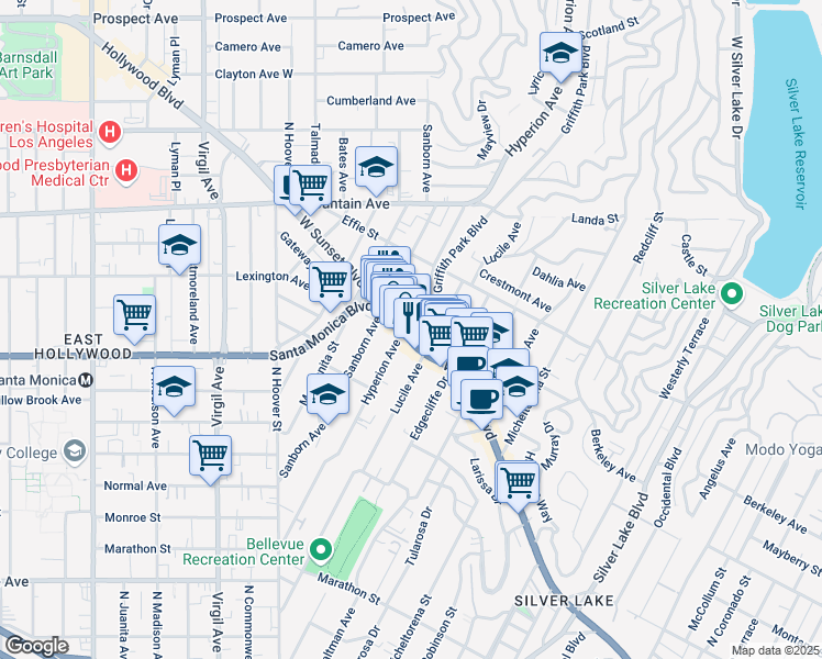 map of restaurants, bars, coffee shops, grocery stores, and more near 3900 Sunset Boulevard in Los Angeles