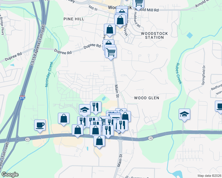 map of restaurants, bars, coffee shops, grocery stores, and more near 111 Brighton Boulevard in Woodstock