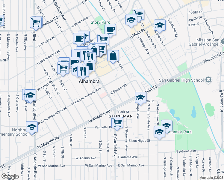 map of restaurants, bars, coffee shops, grocery stores, and more near 15 East Beacon Street in Alhambra