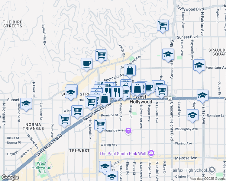 map of restaurants, bars, coffee shops, grocery stores, and more near 1121 North Olive Drive in West Hollywood