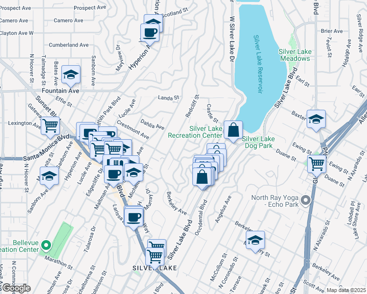 map of restaurants, bars, coffee shops, grocery stores, and more near 3124 Swan Place in Los Angeles