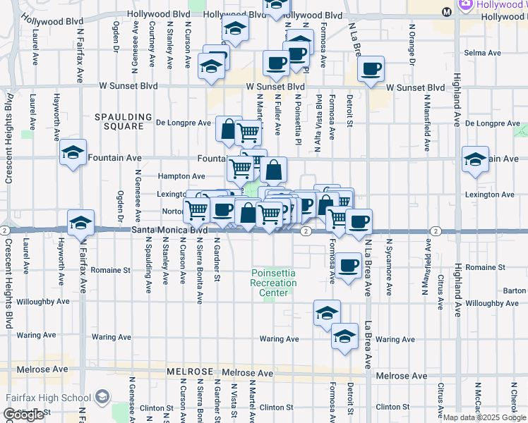 map of restaurants, bars, coffee shops, grocery stores, and more near 1142 North Fuller Avenue in West Hollywood