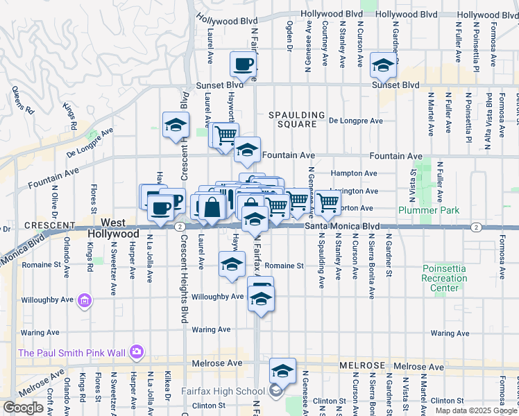 map of restaurants, bars, coffee shops, grocery stores, and more near 7911 Norton Avenue in West Hollywood