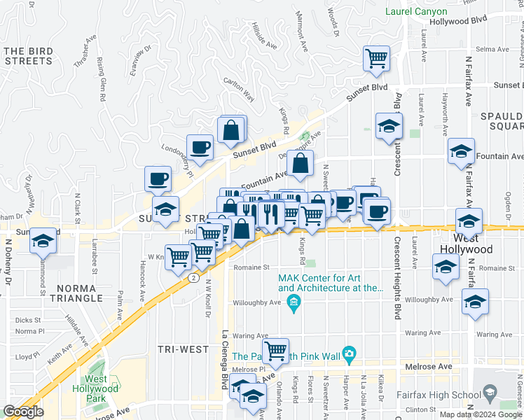map of restaurants, bars, coffee shops, grocery stores, and more near 1206 North Olive Drive in West Hollywood