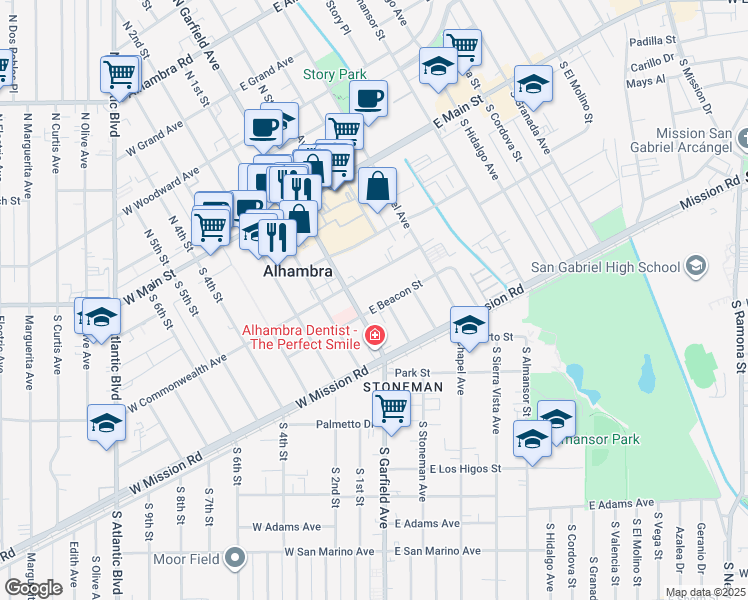 map of restaurants, bars, coffee shops, grocery stores, and more near 21 East Beacon Street in Alhambra