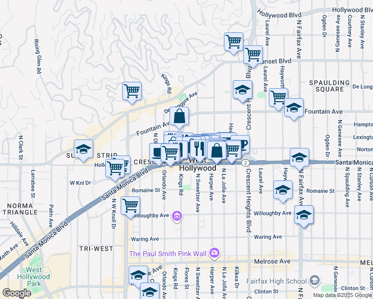 map of restaurants, bars, coffee shops, grocery stores, and more near 1200 Flores Street in West Hollywood