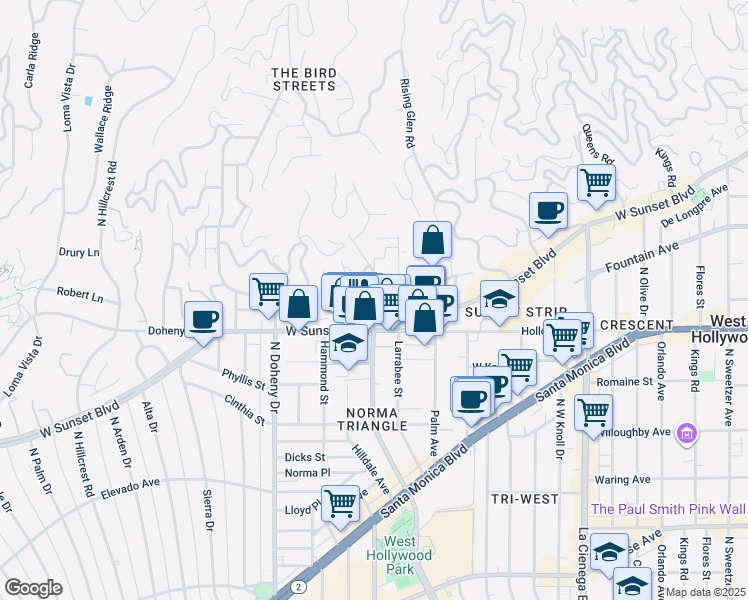 map of restaurants, bars, coffee shops, grocery stores, and more near 1147 North Clark Street in West Hollywood