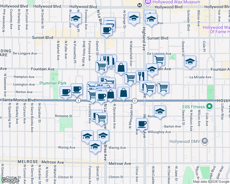 map of restaurants, bars, coffee shops, grocery stores, and more near 1154 North Sycamore Avenue in Los Angeles
