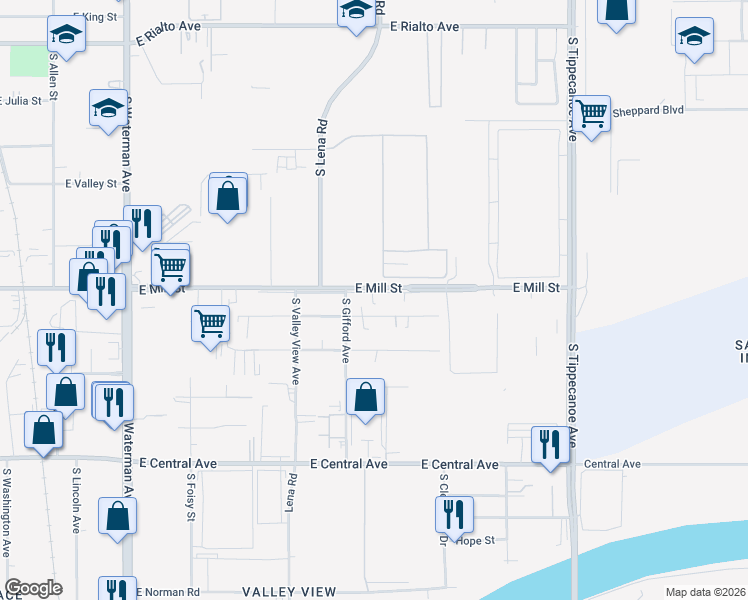 map of restaurants, bars, coffee shops, grocery stores, and more near East Mill Street in San Bernardino