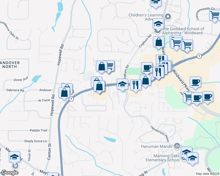 map of restaurants, bars, coffee shops, grocery stores, and more near 295 Water Oak Place in Alpharetta