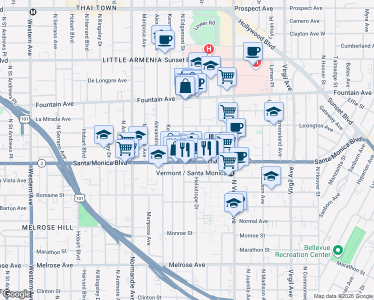 map of restaurants, bars, coffee shops, grocery stores, and more near 1128 North Edgemont Street in Los Angeles