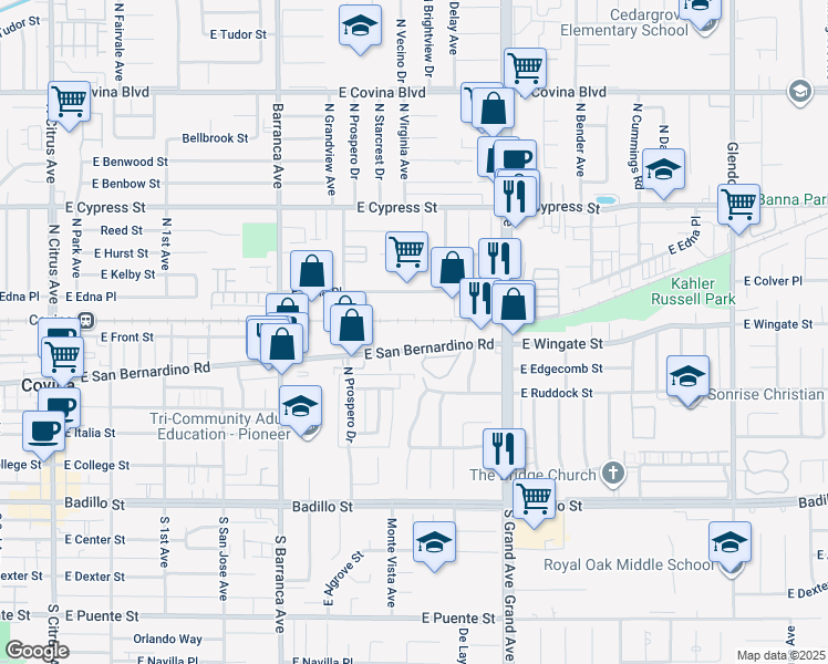 map of restaurants, bars, coffee shops, grocery stores, and more near 730 East Edna Place in Covina